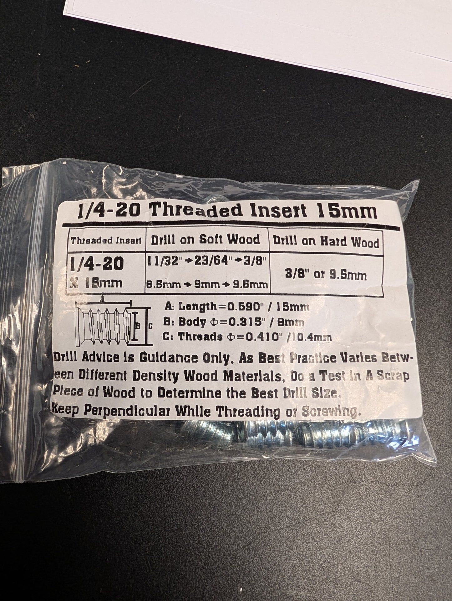 1/4" Threaded inserts and Furniture Bolts, Pack of 8,12,16,24
